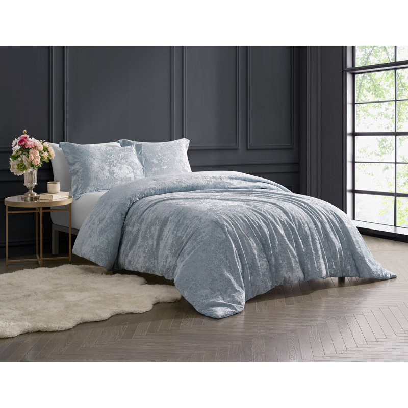 Design Studio Rochelle Outline Floral 2-3 Piece Crushed Velvet Comforter Set, Blue, King Comforter + 2 King Shams