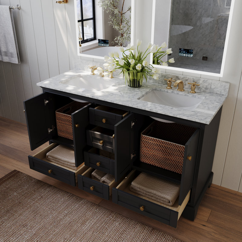 Ensemble de meuble-lavabo double 60 po Varna, Noir onyx / or brossé, Marbre blanc de Carrare