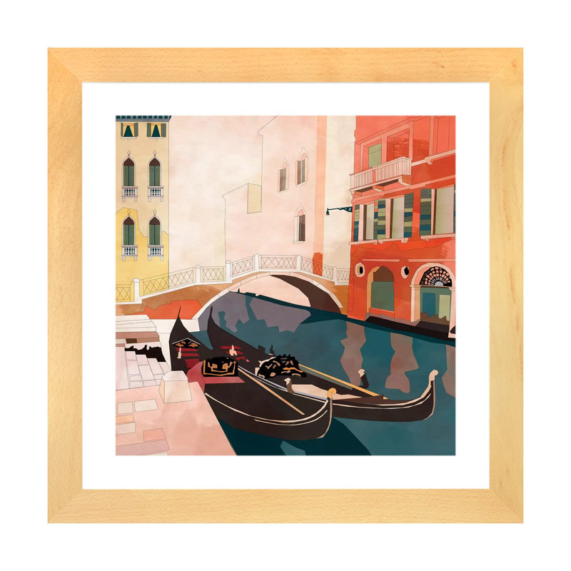«Venice Gondolas II» par Ana Rut Bré - impression d'art graphique, Blanc, Toile avec cadre en bois beige
