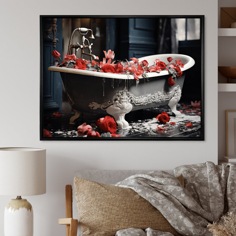 Red Floral Bath II - Laundry Art mural, H 24 po x l 32 po x P 1 po, Cadre flottant noir