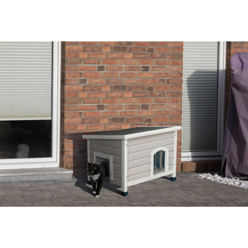 Elevated Weatherproof Gray Fir Wood Cat House with Hinged Roof