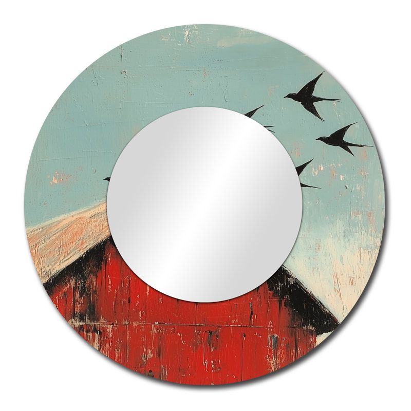 Swallows Birds Over The Red Barn I - Miroir d'appoint mural moderne - imprimé sur métal, 29 po x 29 po