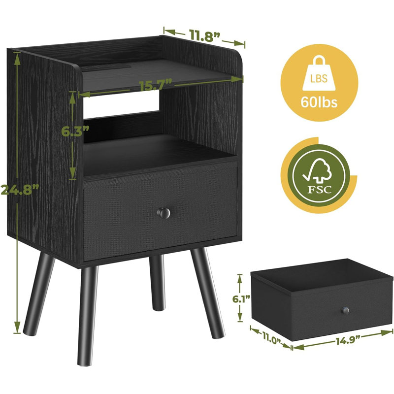 Khrystin 15.7'' W Solid Wood Nightstand, Black