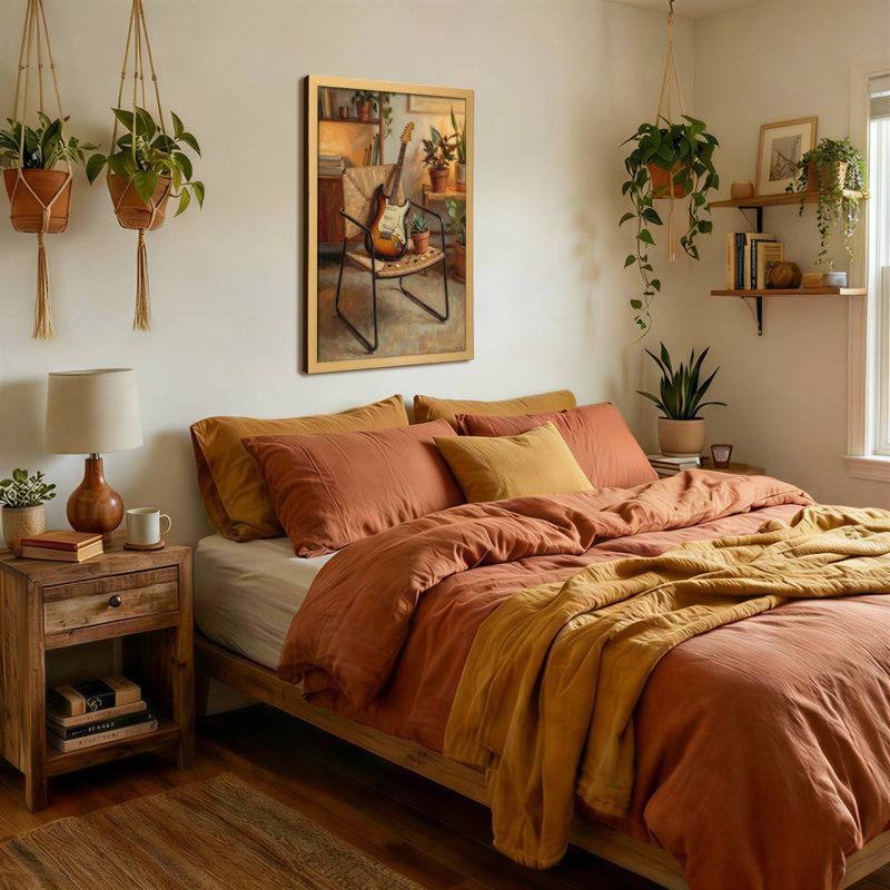 Plantes et fleurs, guitare sur chaise avec plantes et livres, H 30 po x l 20 po