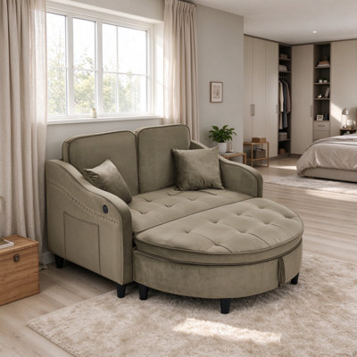Canapé deux places avec repose-pieds de rangement incurvé, port de chargement USB, dossier réglable et poches latérales, incluant 2 coussins décoratifs, canapé rembourré pour salon et appartement, brun