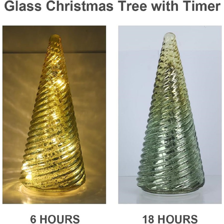 Christmas Decorations Indoor, 3 Pcs Sparkling Glass Gold Christmas Tree Table Decorations with LED Lights and Timer, Textured Xmas Tree Decorations Fo