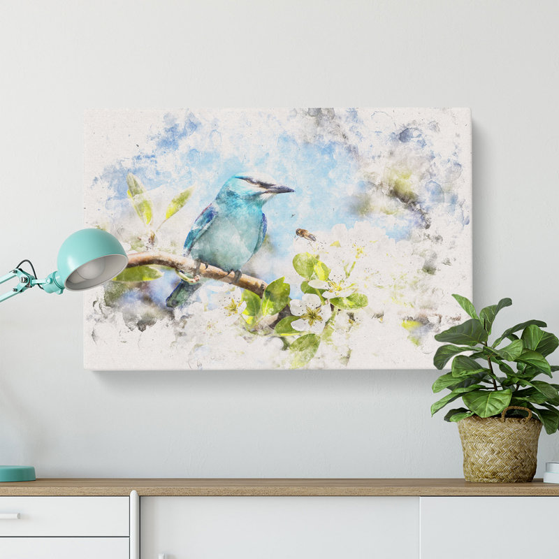 Blue Bird & Cherry Blossom Tree - Wrapped Canvas, 35cm H x 50cm W x 3cm D, Green/Brown/Blue