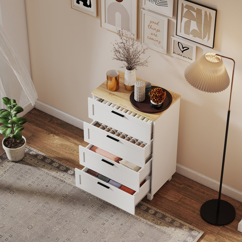 Commode 4 tiroirs pour chambre à coucher, commode moderne, blanc, Blanc
