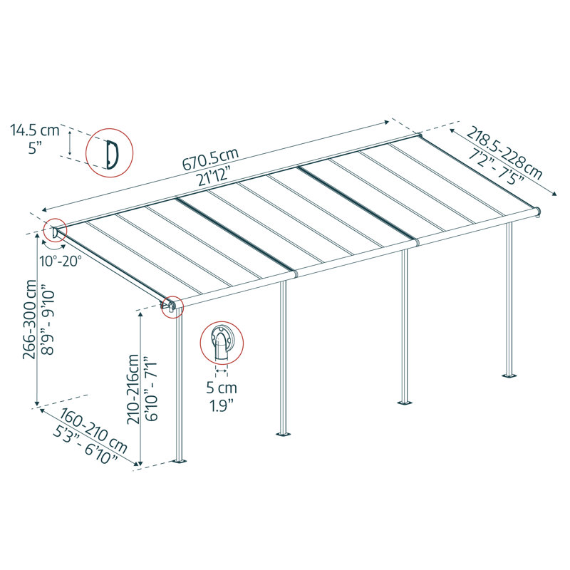 Palram - Canopia Sierra 22.5' W x 7.5' D Polycarbonate Aluminum Stationary Slope Patio Awning Gray/Diffused Clear, Gray