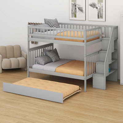 Wooden Full Over Full Bunk Bed With A Trundle Bed And Storage Staircase
