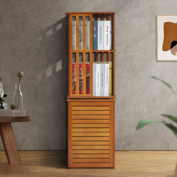 Brown Bamboo Slat Panel [ROTATABLE BOOKSHELF] Open Shelving Magzine Storage  Rack