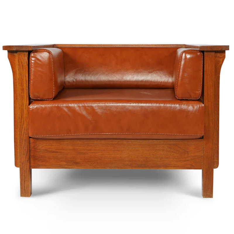 Fauteuil en cuir fleur l 42 po Elroy, Cuir véritable brun roux