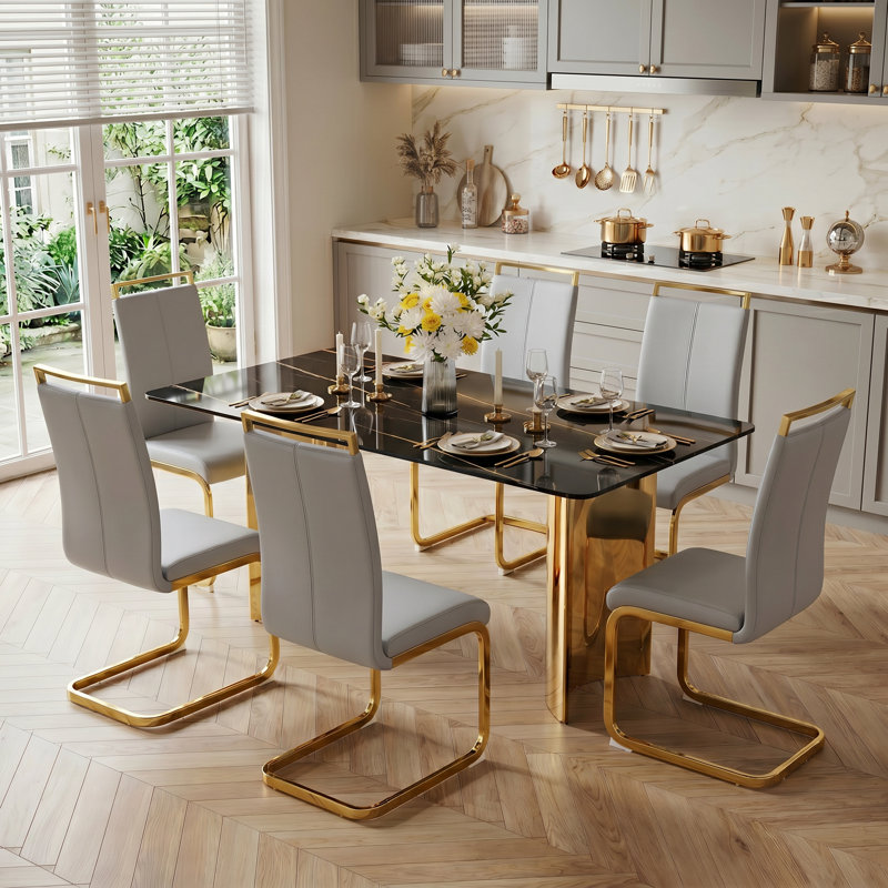 Modern 7-Piece Rectangular Faux Marble Tempered Glass Dining Set with Faux Leather C-Shaped Chairs, Light Gray
