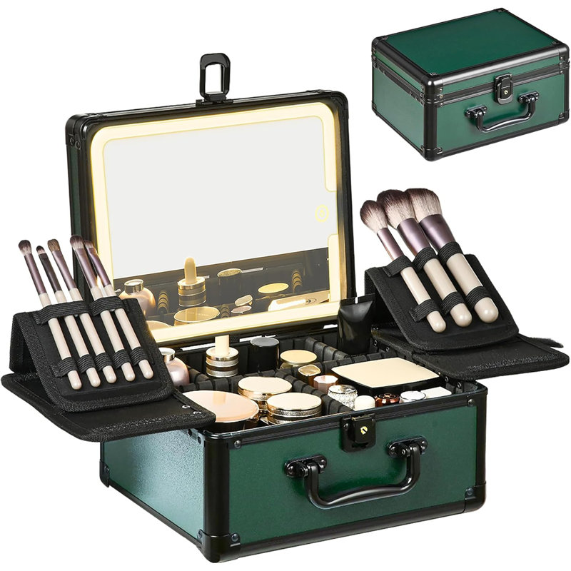 Boîte à maquillage avec miroir à DEL amovible, étui à maquillage de voyage, vert noir