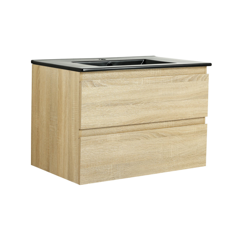 Meuble-lavabo mural 30 po avec lavabo en céramique noire, 2 tiroirs à fermeture en douceur, ensemble KD, Chêne clair