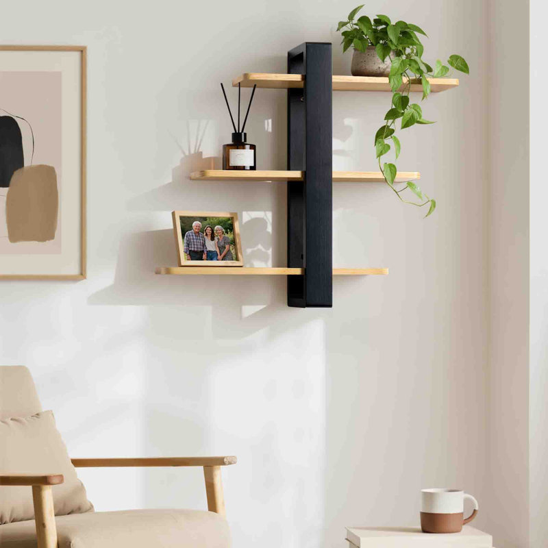 3 Piece Solid Wood Floating Shelf, Black/wood