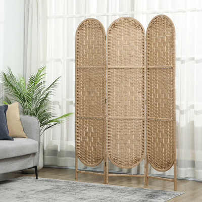 3 Panel Room Divider, Bohemian Folding Privacy Screen, Natural Wood