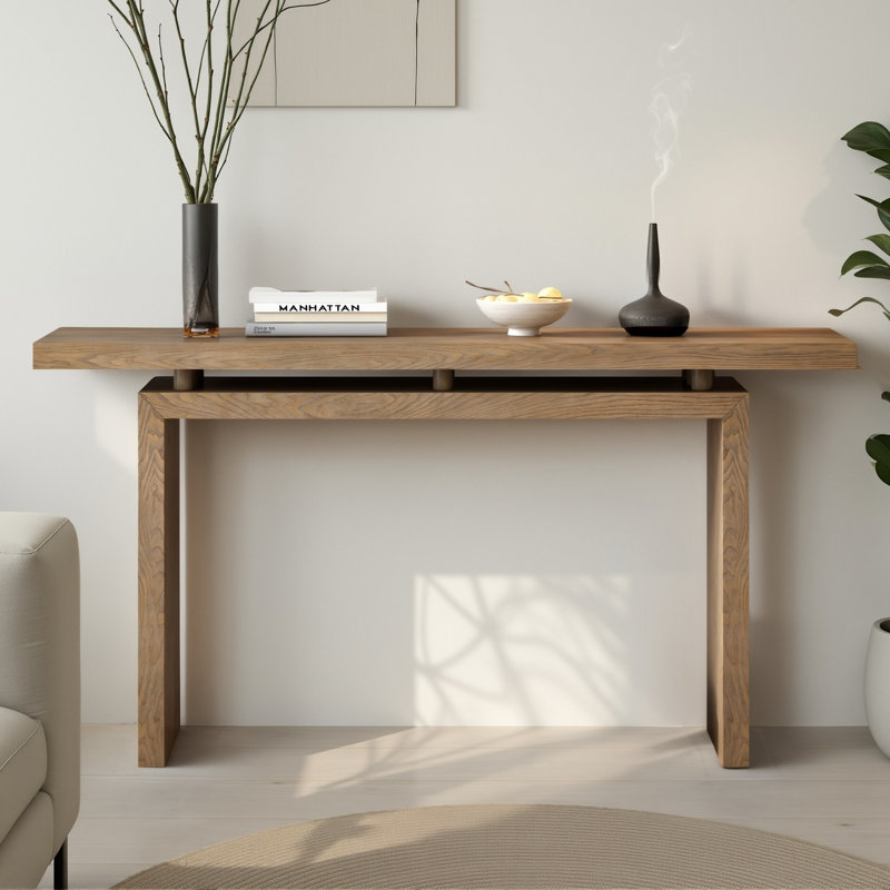 Console flottante 59 po, table d'entrée minimaliste 59 po avec placage de frêne et base architecturale, Bois naturel
