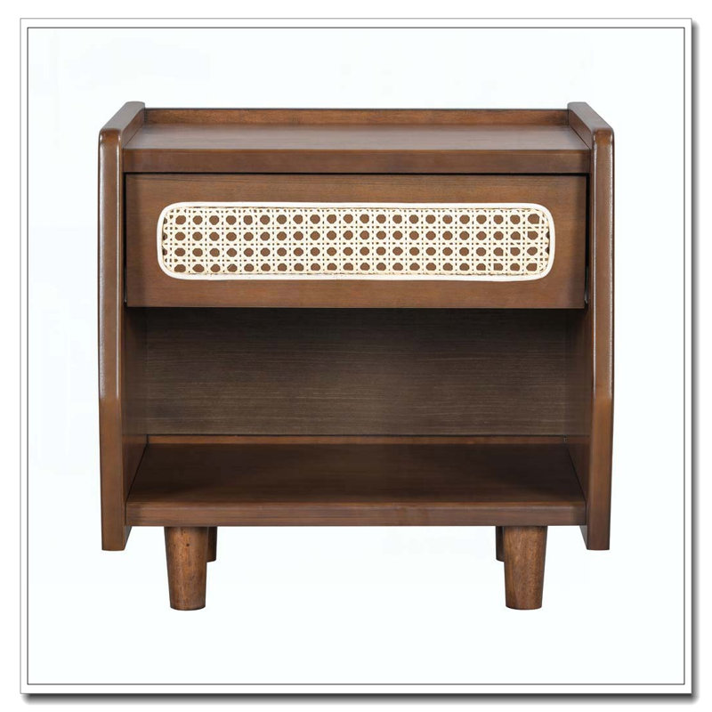 Table de chevet avec détails en rotin, Noyer