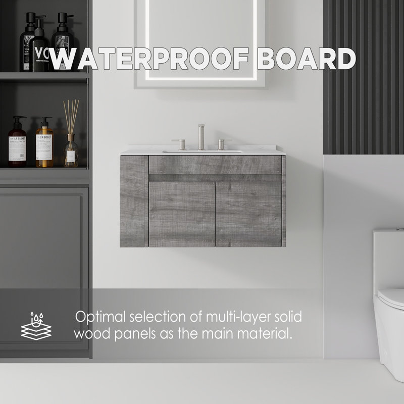 Wall Mounted With Real Wood Veneer Top, Gris, L 36 po