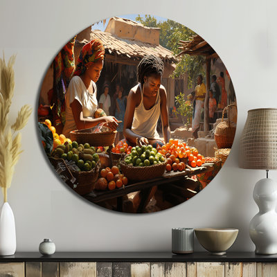 African Vibrant Market I - People Round Metal Art