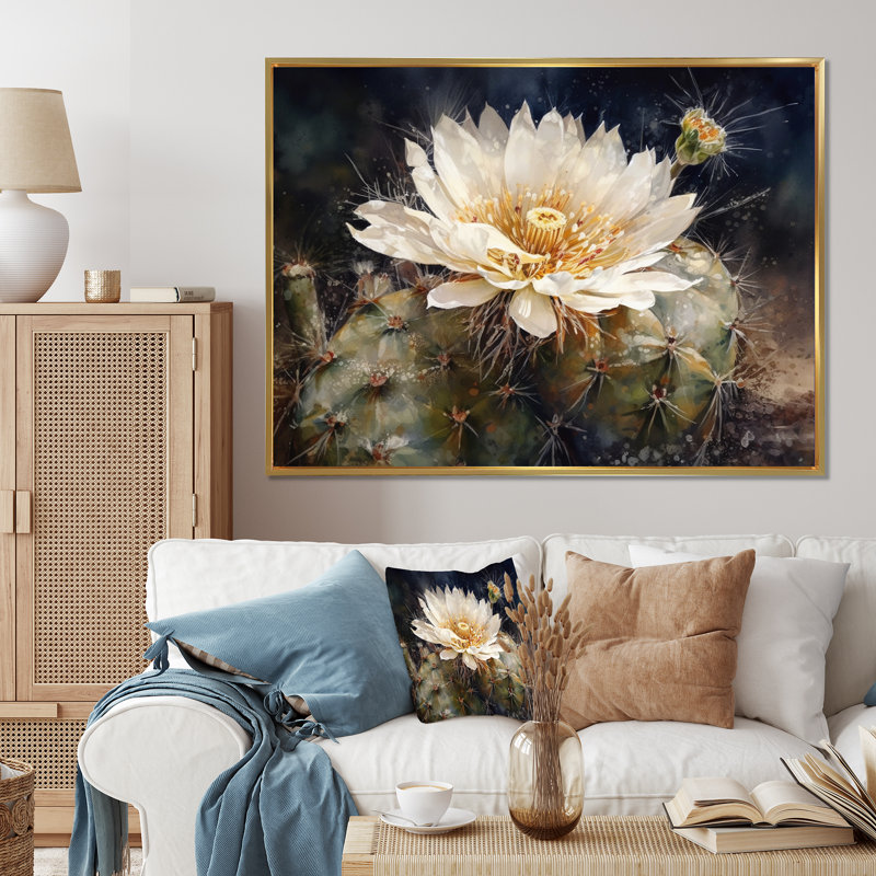 Ryul blanc, vert, fleur de cactus I, H 16 po x l 32 po x P 1 po, Cadre flottant doré