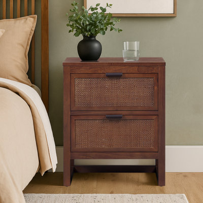 Ameer Medern Boho Solid Wood Nightstand with 2 Deep Drawers, Rattan Inlay For Bedroom Organization & Storage
