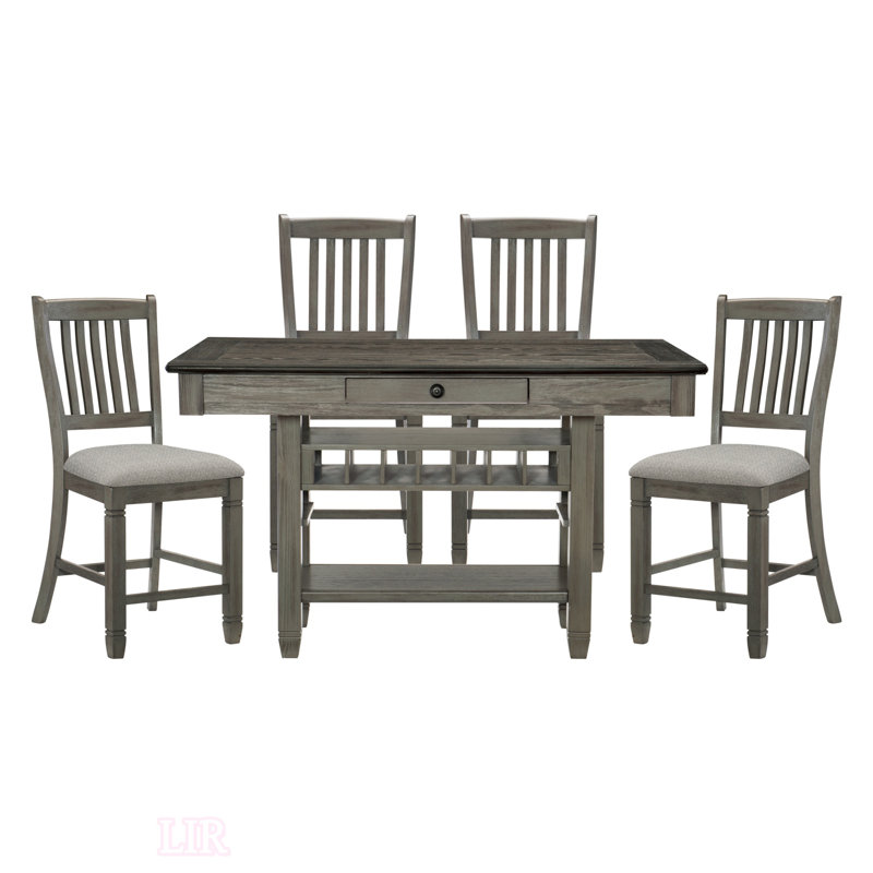 Ensemble de salle à manger à hauteur de comptoir de style classique avec tiroirs, support à vin et 4 chaises pour un repas élégant et fonctionnel