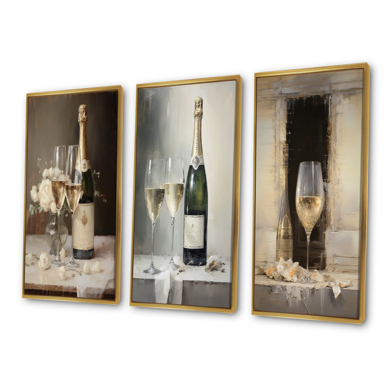 Leurre Legacys champagne et verre, Cadre flottant doré, H 40 po x l 60 po