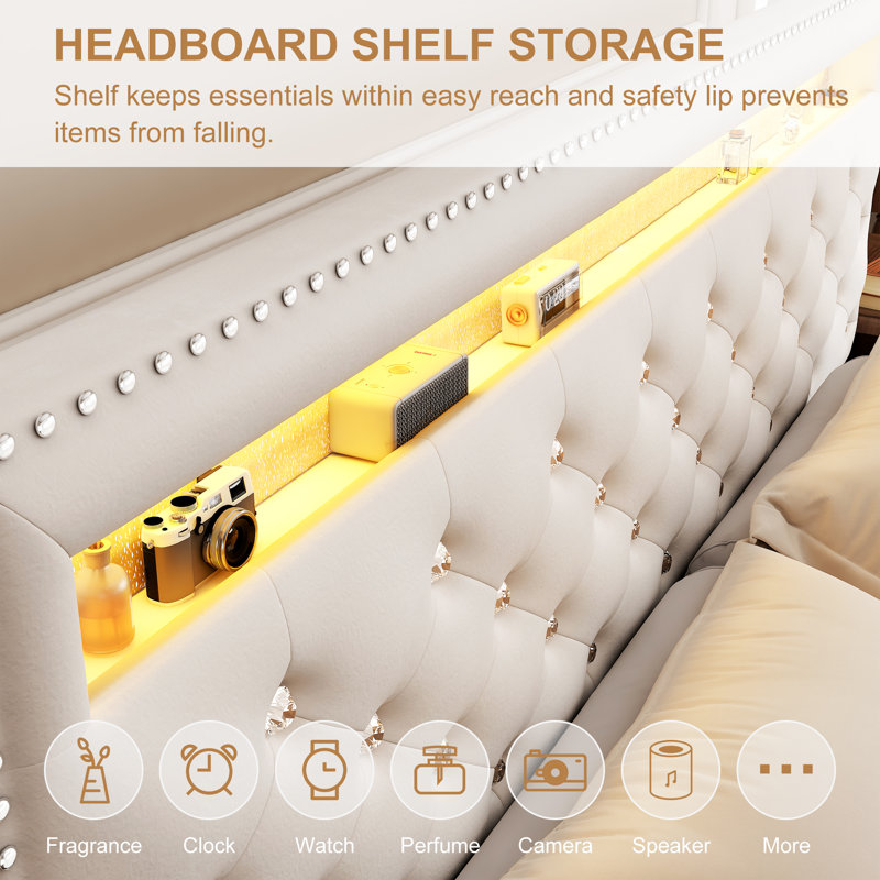 LED Diamond Tufted Bed Frame with 2 Drawers, Adjustable Storage Headboard and 2 Side Pockets, Full, Cream