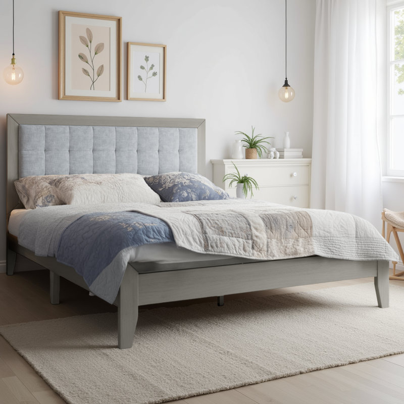 Lit plateforme en bois massif avec tête de lit capitonnée - revêtement gris, capacité de 800 lb, design Mid-Century, aucun sommier tapissier requis