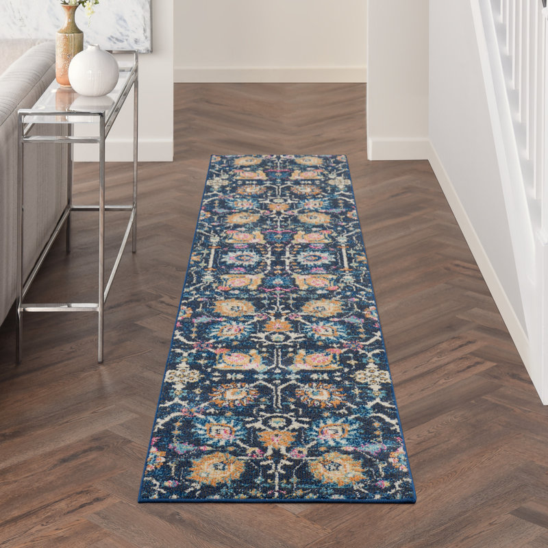 Tapis bleu marine / orange en polypropylène tissé à la machine, Tapis de couloir 2 pi 2 po x 10 pi