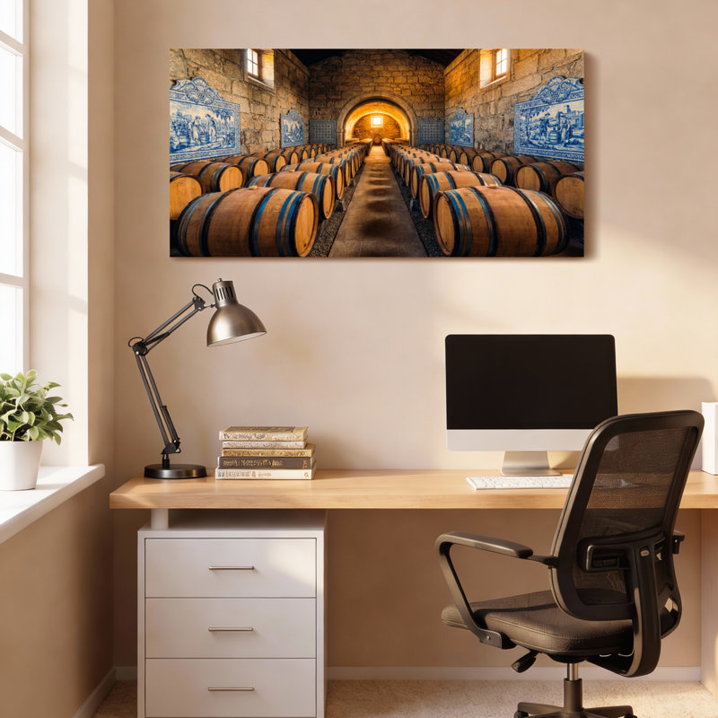 Ensemble de 1 tableau sur toile représentant une cave à vin carrelée de carreaux bleus, 3216