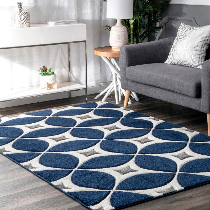 Klar Tufted Contemporary Trellis Navy/Gray/White Area Rug, Rectangle 12' x 15'