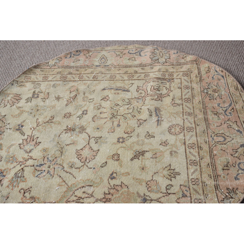 Vintage Beige Turkish Oushak Rug: Antique Small Round Rug Perfect for Entryways or Gifts