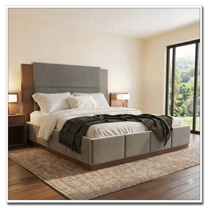 Upholstered Platform Bed Frame with Wood Base, No Box Spring Needed, Grey, King
