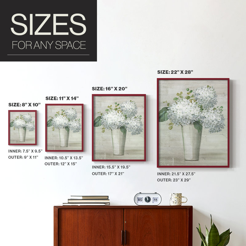 Simply Hydrangeas I Framed Print - Solid Wood, H 11 po x l 9 po, Rouge