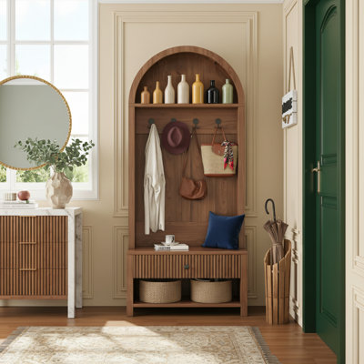 70.88-Inch Walnut-Coloured Farmhouse-Style Wooden Coat Rack With Four Hooks. Suitable For Hallway, Foyer, Living Room, And Entryway Storage.