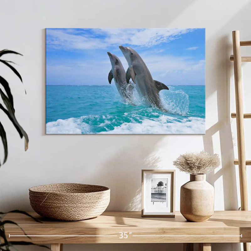 Dolphins Playing At Sea, 16" H x 24" W