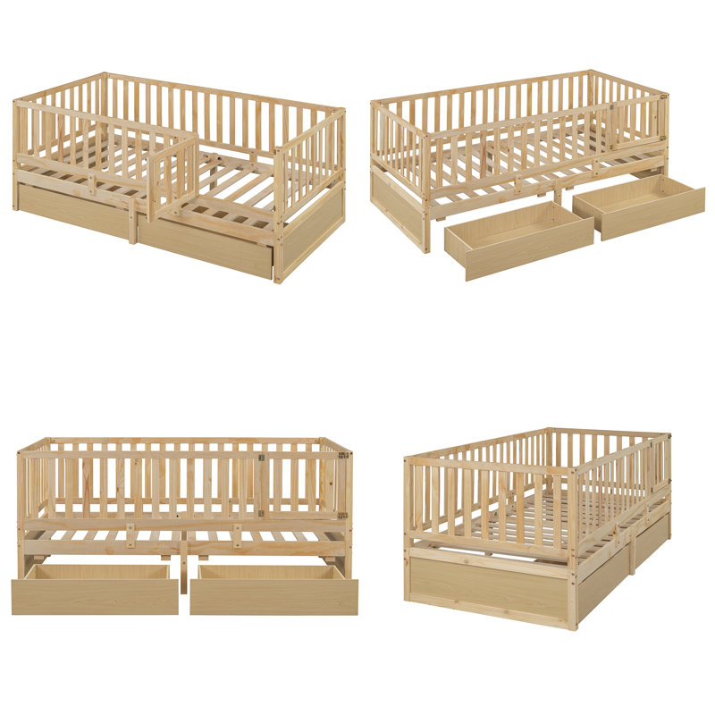 78.1" Twin Size Wood Daybed With Fence Guardrails & 2 Drawers - 2-In-1 Convertible Design Splits Into Independent Floor Bed - Solid Wood Frame - Gray