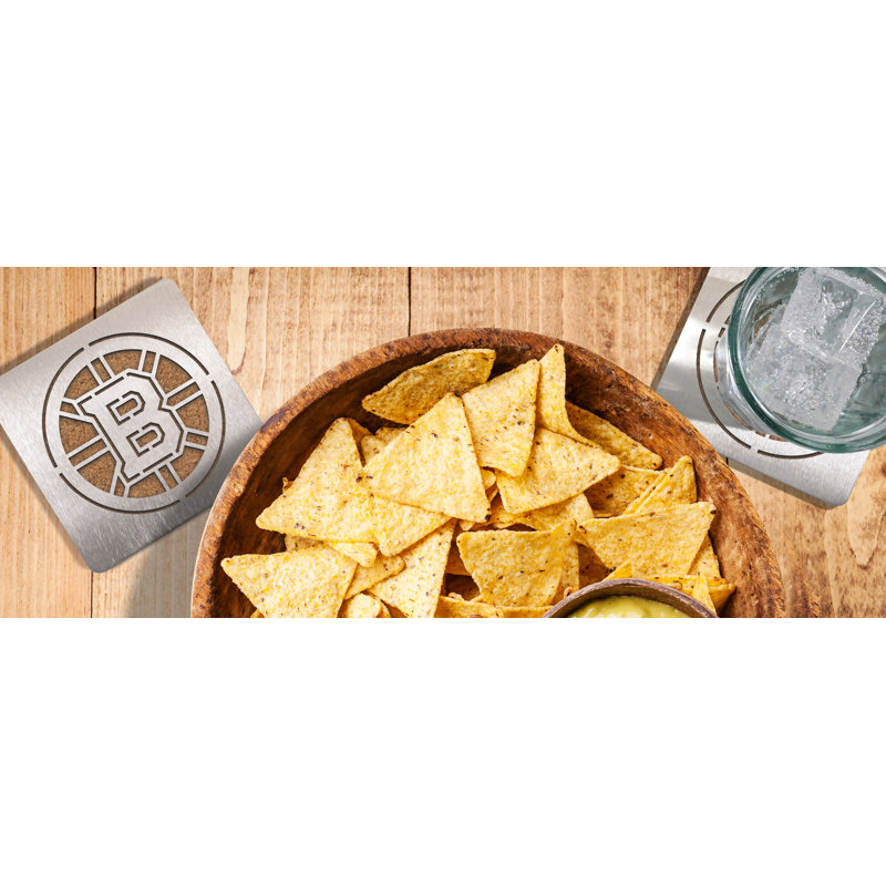 Stainless Steel Square 4 Piece Coaster Set With Holder, Boston Bruins