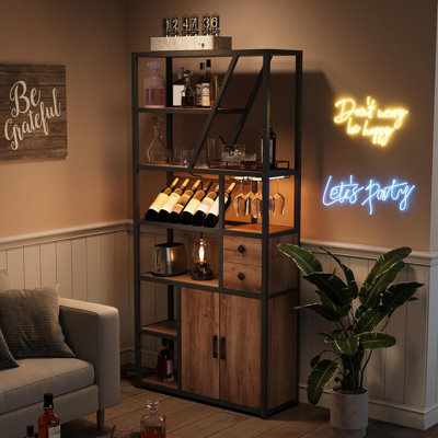 Wine Bar Cabinet with LED Lights & Power Outlets - Coffee Bar Station with Wine Rack for Kitchen Living Room by Wrought Studio