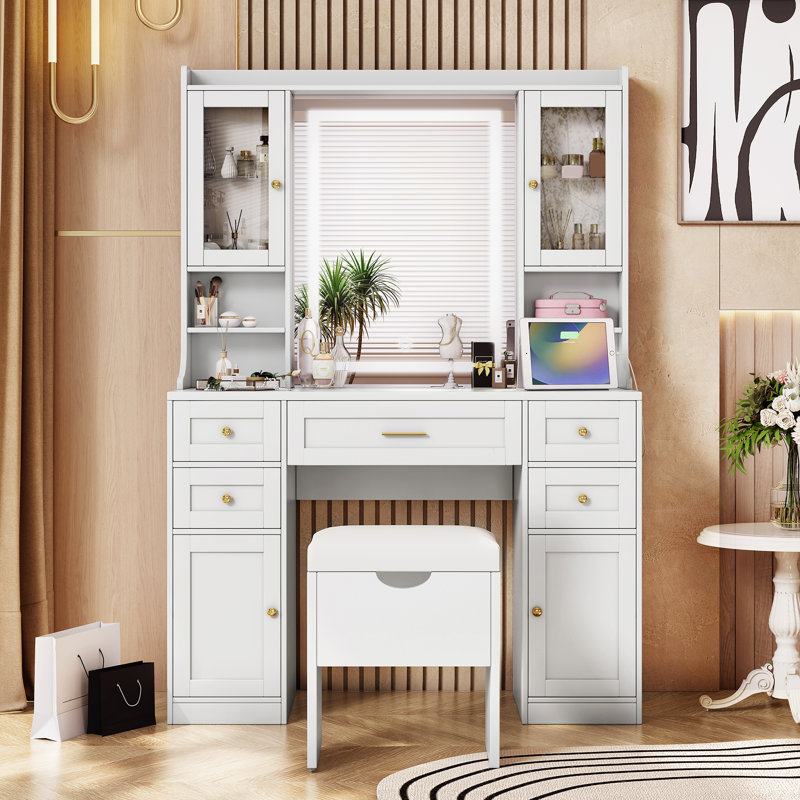 Meuble-lavabo blanc avec miroir 5 tiroirs et station de charge en bois