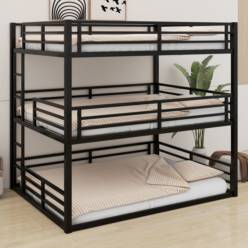 Metal Triple Bunk Bed With Safety Guardrails, Queen over Full XL over Queen