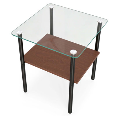 2-piece Modern Rectangular Glass Side Table with Tempered Glass Top, MDF Shelf, and Metal Legs for Minimalist Living