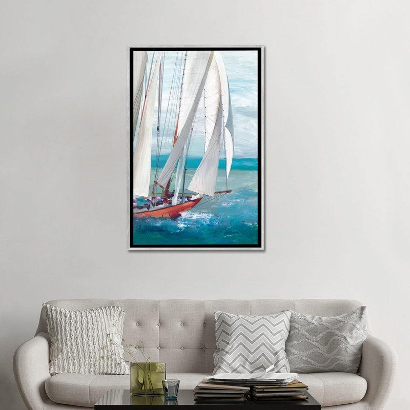 "Single Sail I" par Allison Pearce, reproduction d’art, H 48 po x l 32 po x P 1,5 po, Toile avec cadre argenté, Pas de tapis