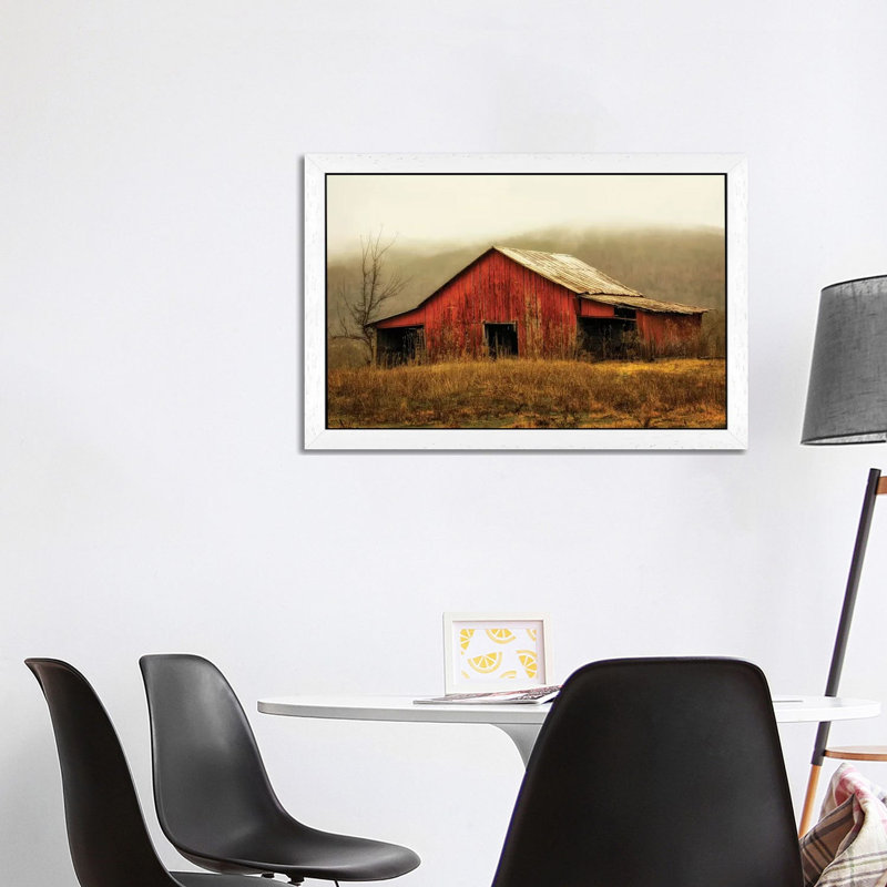 Skylight Barn In The Fog by Andy Amos - Floater Frame Print on Canvas, White Framed, 152.5 cm H x 101.5 cm W