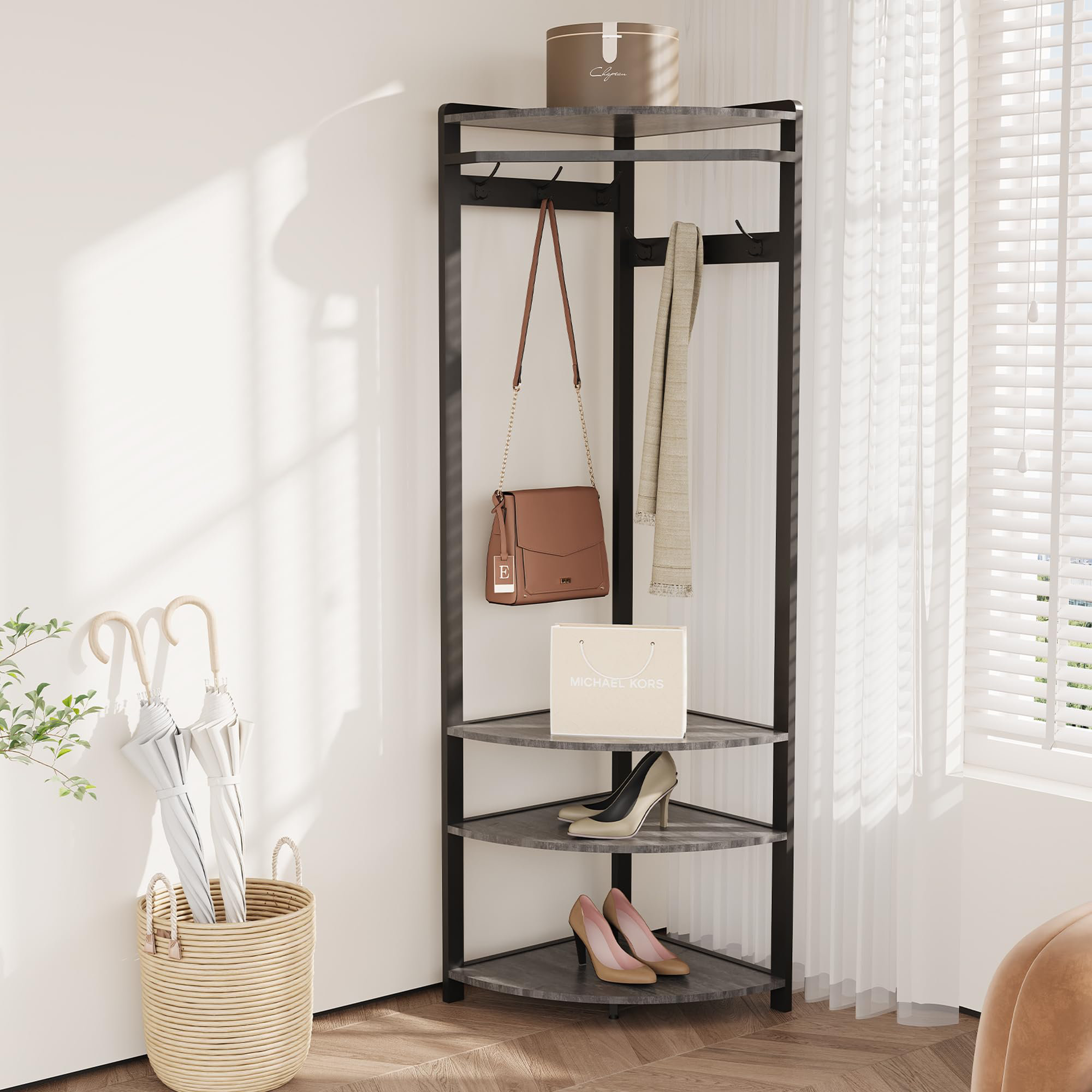71 inch Gray Corner Hallway Coat Rack 6 Double Hooks Shoe Storage Shelves Freestanding Column Stand