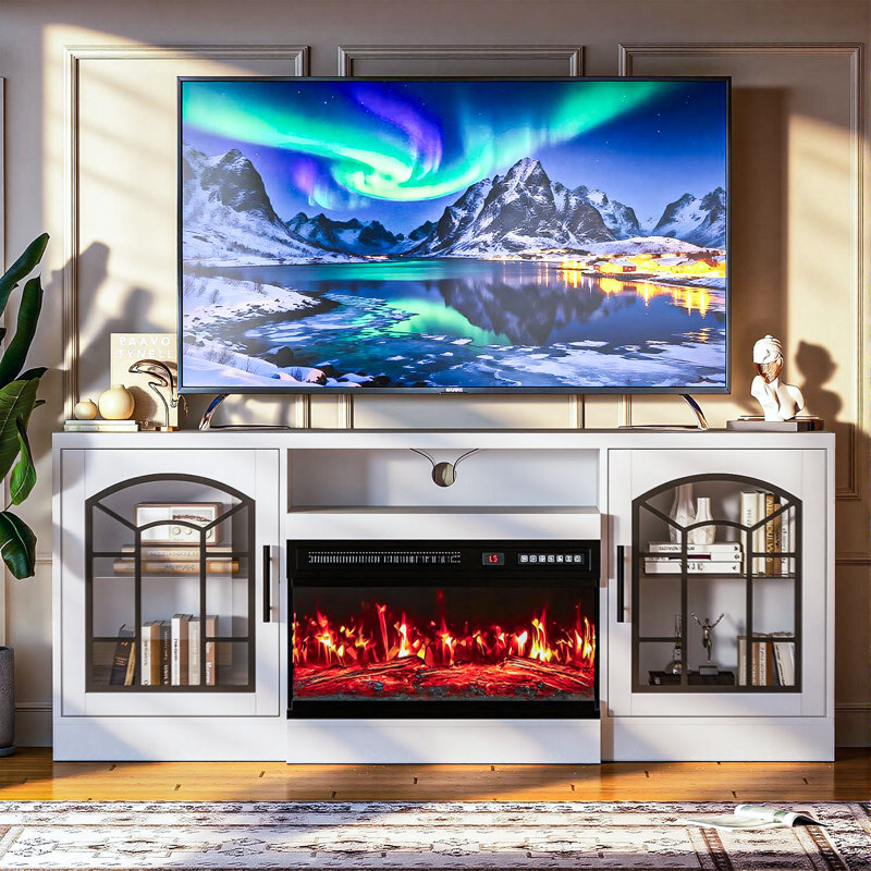 60" Fireplace Tv Stand, Tv Stand With 3-sided Glass Electric Fireplace, 24" Fire Place Grey Tv Stands For Living Room, White
