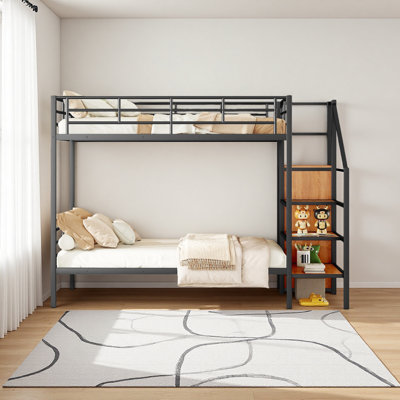 Lit superposé en métal avec échelle de rangement latérale et garde-robe